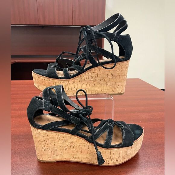 Frye Black Strappy Lace Up Platform Wedge Sandal Size 8 - Picture 1 of 7
